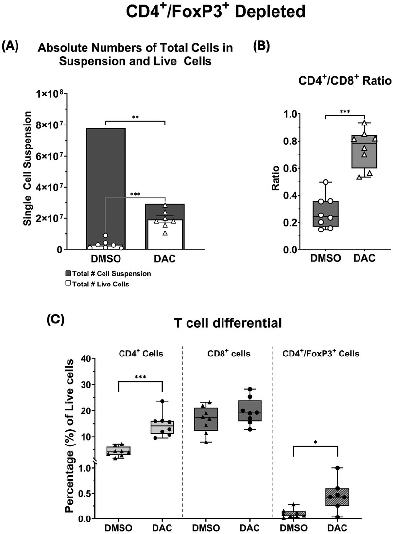 Graphical representation of CD4+/FoxP3+ depleted analysis. (A) Bar graph showing the absolute numbers of total cells in suspension and live cells for DMSO and DAC, with significant differences indicated by asterisks. (B) Box plot comparing the CD4+/CD8+ ratio between DMSO and DAC, showing a notable increase in DAC. (C) Box plots displaying T cell differentials, including CD4+, CD8+, and CD4+/FoxP3+ cells. Significant differences are marked with asterisks for CD4+ and CD4+/FoxP3+ cells between DMSO and DAC conditions.