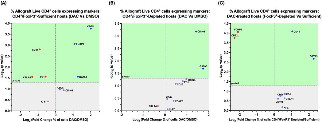 Three plots labeled A, B, and C show log fold changes and p-values of allograft live CD4+ cells expressing specific markers. Plot A compares CD4+/FoxP3+-sufficient hosts with DAC vs DMSO, showing markers like CD44 and FOXP3. Plot B compares CD4+/FoxP3+-depleted hosts, highlighting CD103 and GATA3. Plot C compares DAC-treated hosts, with markers like FOXP3 and CD44. Green areas indicate significant p-values below 0.05.