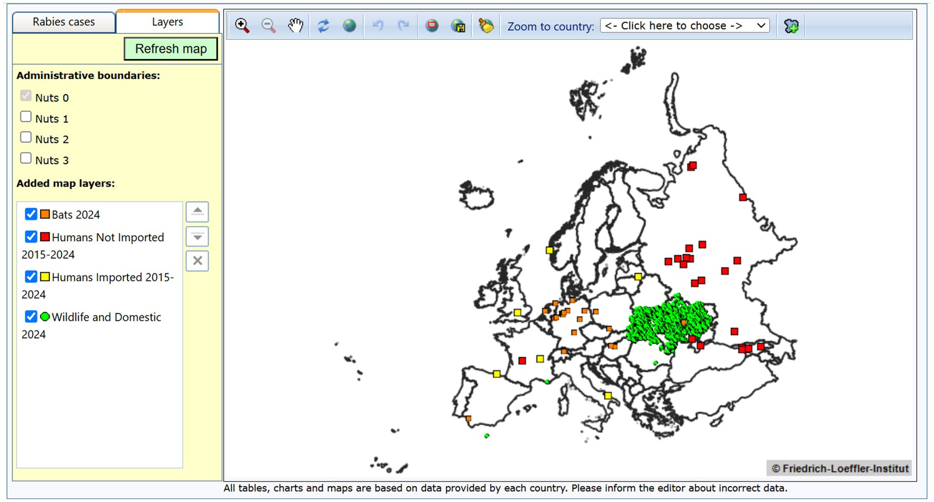 Map showing rabies cases in Europe with colored squares and circles indicating different types of rabies occurrences from 2015 to 2024. Red squares represent human cases not imported, orange squares for bats, yellow squares for imported human cases, and green circles for wildlife and domestic animals. Administrative boundaries are outlined. A sidebar lists map layers.
