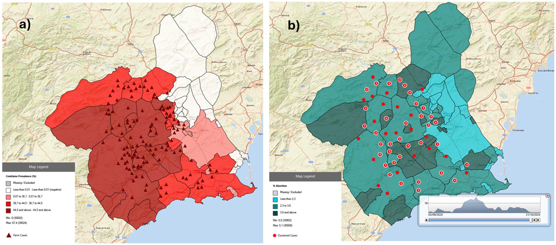 Map consisting of two panels. Panel a shows regional coinfame prevalence using shades of red, with darker red indicating higher prevalence. Panel b displays abortion percentages with shades of green, where darker green signifies higher percentages. Red circles indicate clustered cases. Each panel includes a legend explaining the color codes and scales. The maps cover a coastal region with boundaries and cities marked.