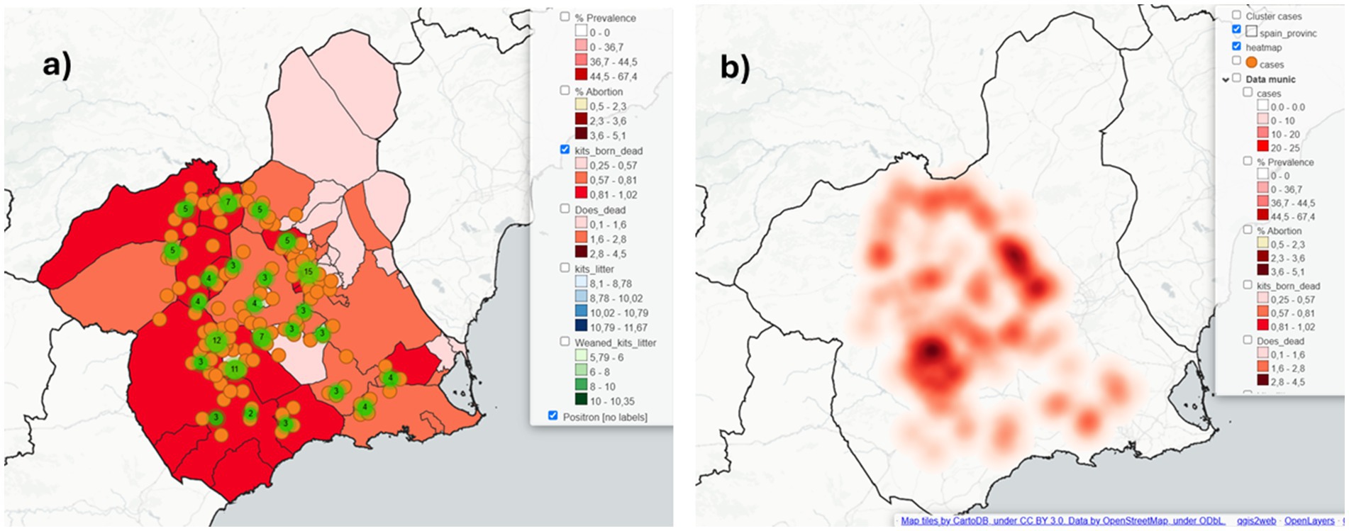 Two-panel map visualization. Panel (a) shows municipalities of Murcia (southern Spain) with varying red shades indicating prevalence, overlaid with green circles representing case numbers. Panel (b) displays a heatmap with red areas highlighting higher concentrations. A legend clarifies colors for prevalence, abortion rates, and other data points.