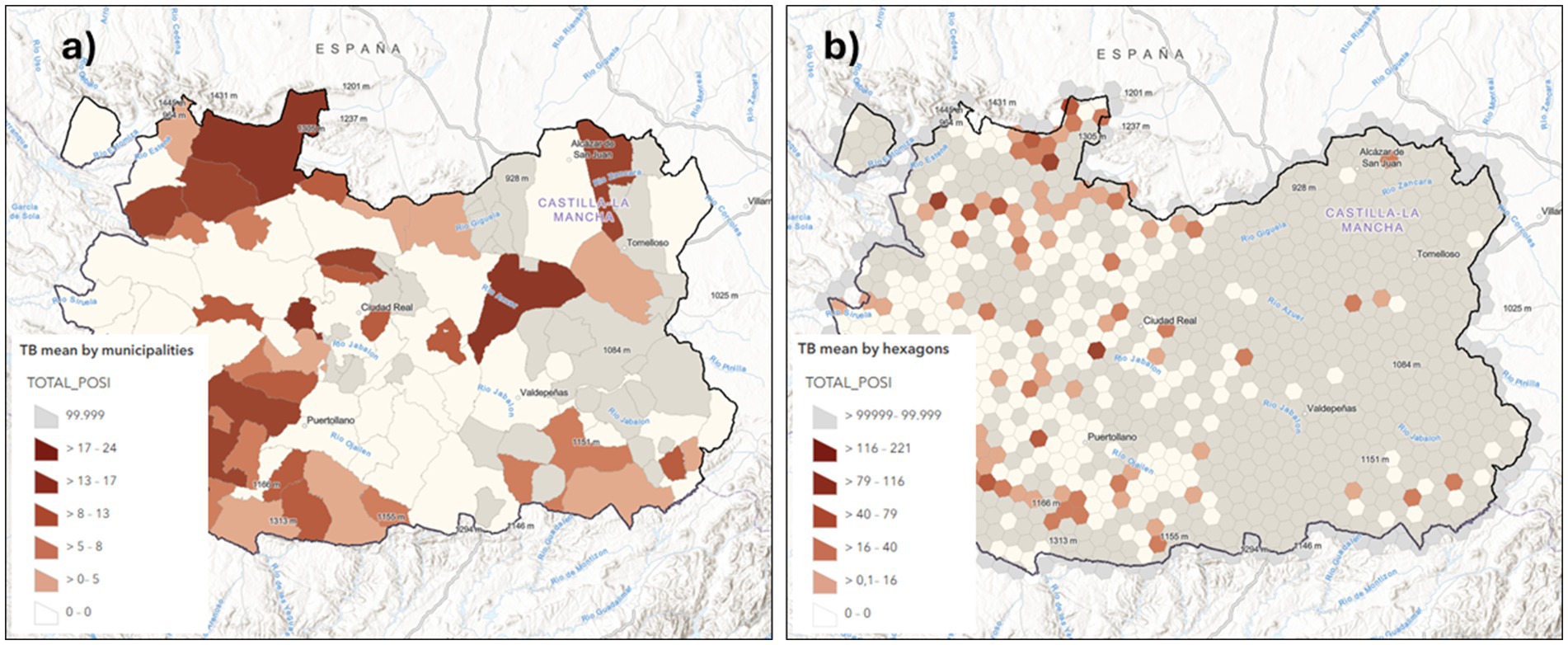 Two maps of Ciudad Real province in Castilla-La Mancha (central Spain) displaying tuberculosis (TB) distribution. Map a) shows TB mean by municipalities, using shades of brown to indicate varying levels, from zero to greater than seventeen. Map b) displays TB mean by hexagons, with varying intensity from zero to greater than one hundred sixteen. Both include legends detailing the color-coded data ranges.