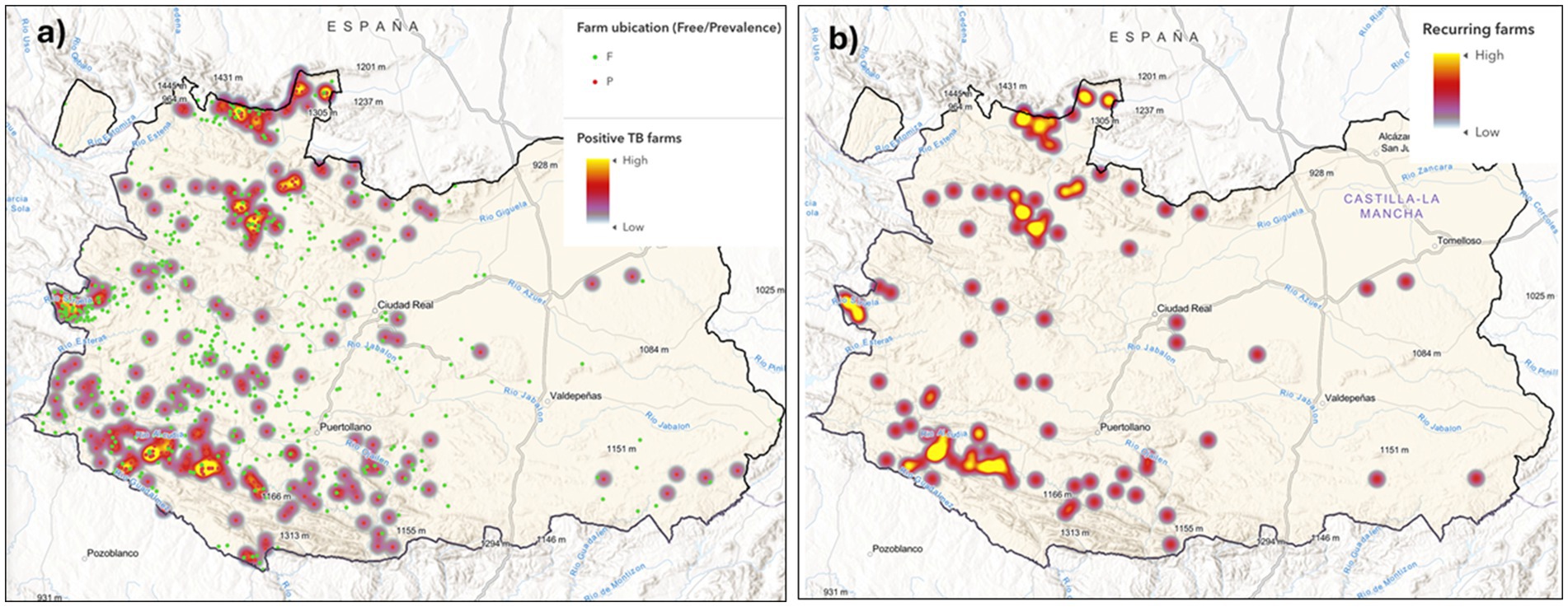 Map of Ciudad Real (Spain) showing farm locations and TB prevalence. Panel a) displays farms with free (green) and prevalent (red) TB cases. Panel b) illustrates recurring farms with a heatmap from low (purple) to high (yellow) recurrence.