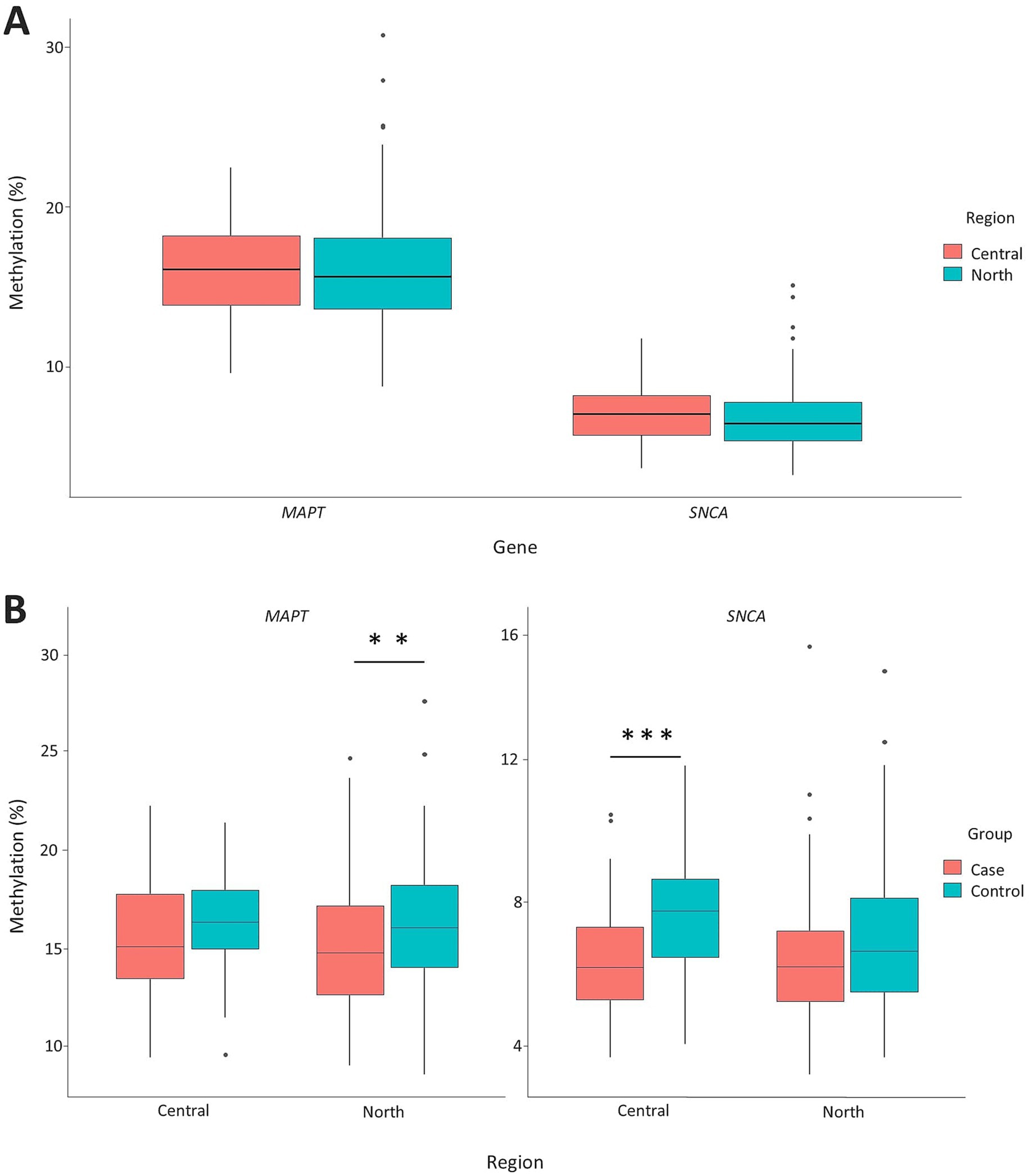 Box plots in two panels labeled A and B. Panel A shows methylation percentages for MAPT and SNCA genes by region, with central and north regions having similar distributions. Panel B depicts methylation by case and control groups across central and north regions, showing significant differences, indicated by asterisks, in methylation levels between groups for MAPT and SNCA genes. Color legend differentiates regions and groups.