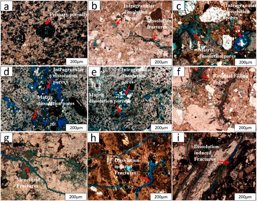 Microscopic images showing different pore and fracture features in rock samples. Image (a) highlights primary porosity, (b) displays intragranular dissolution pores and fractures, (c) features matrix dissolution pores, (d) shows both intragranular and matrix dissolution pores, (e) emphasizes matrix dissolution pores, (f) illustrates residual filling pores, (g) highlights structural fractures, (h) exhibits dissolution-induced fractures, and (i) also focuses on dissolution-induced fractures. Each is marked with red arrows and includes scale bars of two hundred micrometers.
