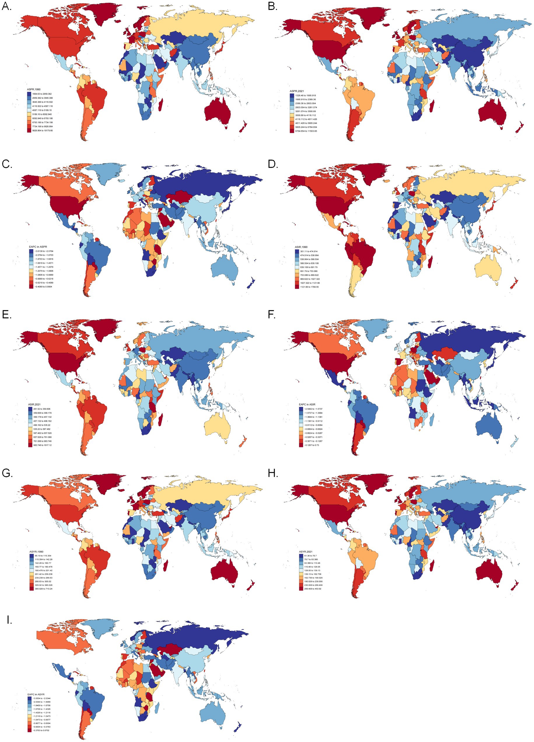 Nine world maps labeled A to I, each showing different color gradients representing geographic data. Each map has a legend indicating color-coded ranges. Colors vary from red to blue, highlighting regional variations. The maps depict diverse data distributions across continents like North America, South America, Africa, Europe, Asia, and Australia.