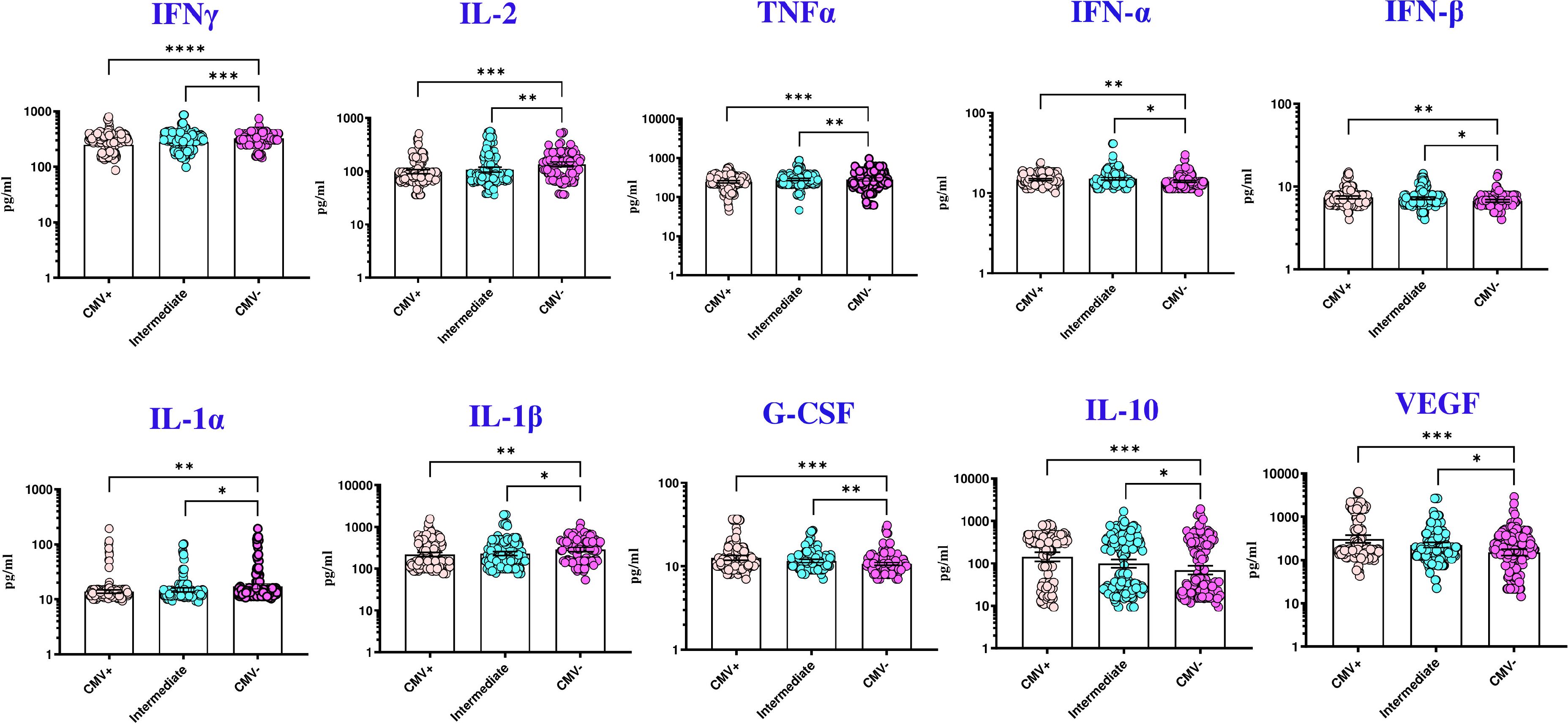 Boxplots showing cytokine levels for IFNγ, IL-2, TNFα, IFN-α, IFN-β, IL-1α, IL-1β, G-CSF, IL-10, and VEGF across conditions: CMV+, intermediate, and CMV-. Data indicates significant differences with asterisks denoting p-values. Each subplot provides a comparison of cytokine concentrations in picograms per milliliter.