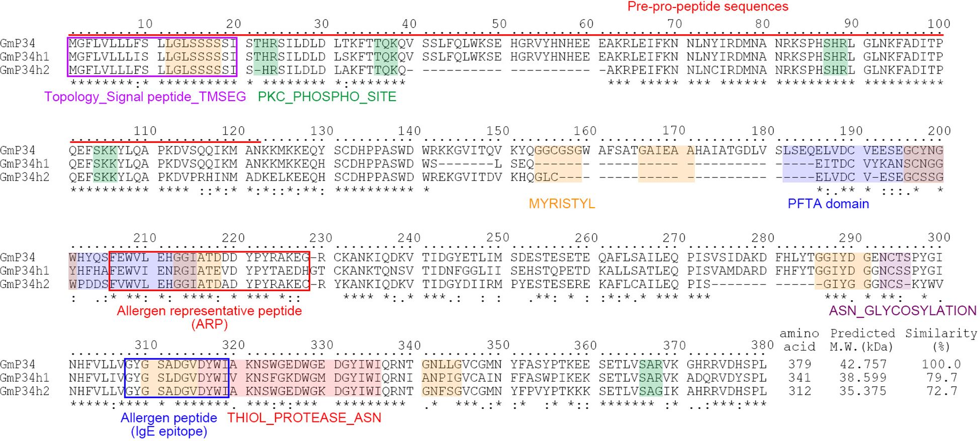 Protein sequence alignment comparison of GmP34, GmP34h1, and GmP34h2. Highlights include pre-pro-peptide sequences, topology signal peptides, PKC phospho-sites, myristyl groups, PFTA domain, allergen representative peptides, IgE epitope region, thiol protease asn, and asn glycosylation sites. Predicted molecular weights and similarity percentages are shown: GmP34 is 42.757 kDa and 100%, GmP34h1 is 38.599 kDa and 79.7%, and GmP34h2 is 35.375 kDa and 72.7%.