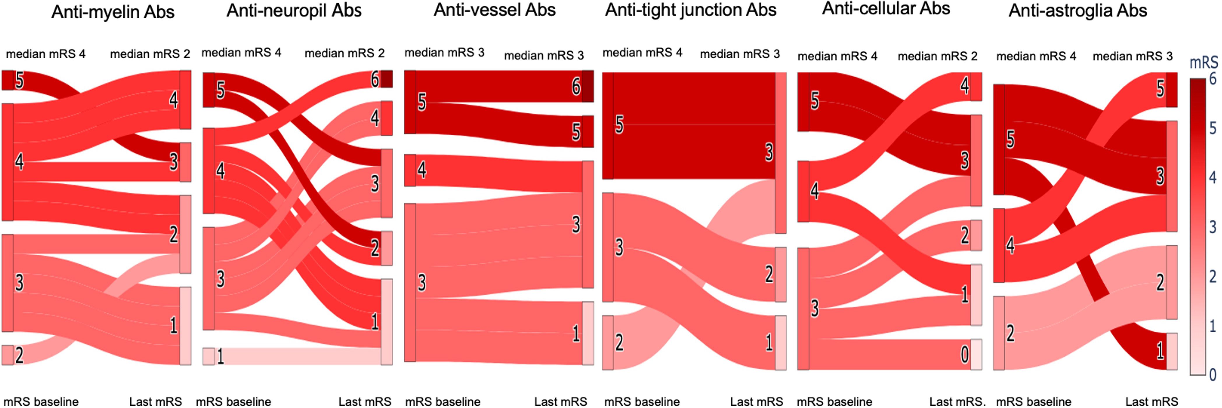 Sankey diagram illustrating median mRS scores for different antibodies: Anti-myelin (mRS 4), Anti-neutrophil (mRS 2), Anti-vessel (mRS 3), Anti-tight junction (mRS 4), Anti-cellular (mRS 4), Anti-astroglia (mRS 4). Colors range from light to dark red representing mRS scores from 1 to 6. The flow shows transitions from mRS baseline to last mRS scores.