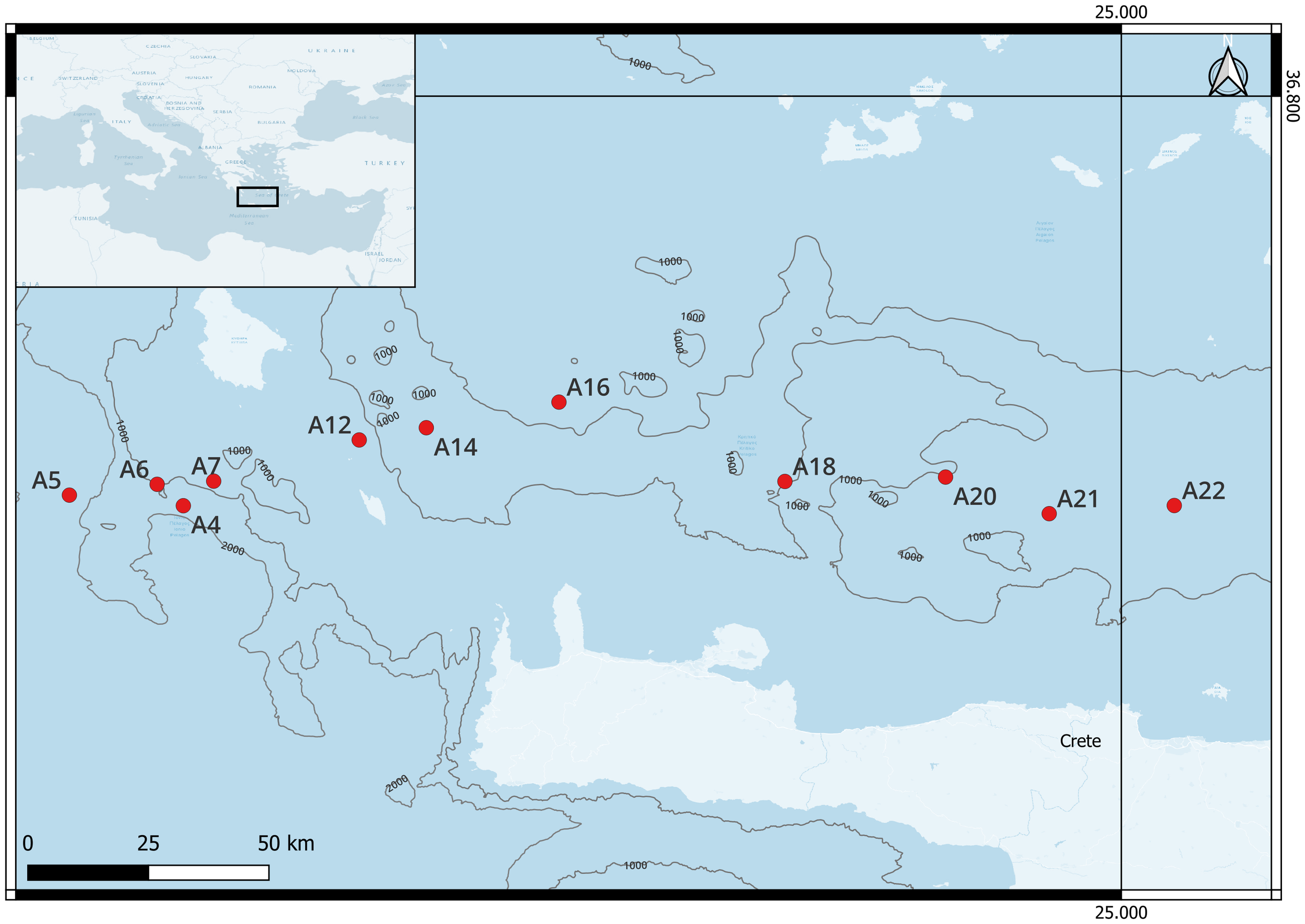 Map of the eastern Mediterranean Sea showing labeled locations A4, A5, A6, A7, A12, A14, A16, A18, A20, A21, and A22 marked with red dots. Contour lines are drawn at intervals of one thousand and two thousand meters. An inset map in the top left corner provides a broader regional context.