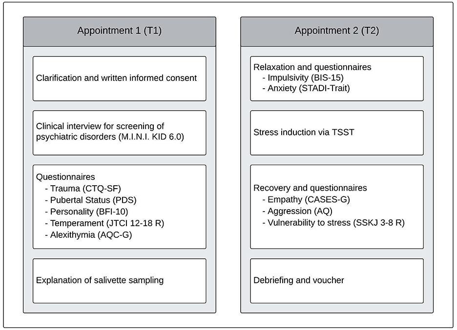 Two tables depict, the structures of Appointment 1 (T1) and Appointment 2 (T2). T1 includes tasks such as clarification and consent, a clinical interview for psychiatric disorder screening, various questionnaires, and an explanation of salivette sampling. T2 involves relaxation and questionnaires, stress induction, recovery with additional questionnaires, and concludes with debriefing and a voucher.