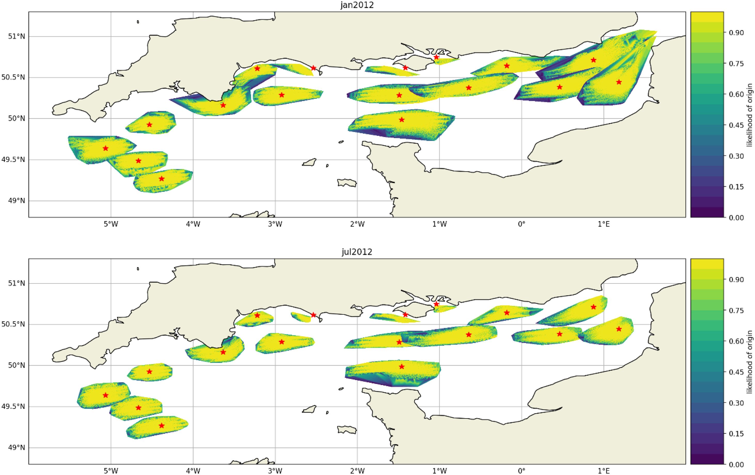 Two maps show the likelihood of origin for the English Channel in January 2012 and July 2012. Each map features colored regions, varying from purple (low likelihood) to yellow (high likelihood), with red stars indicating specific locations. A color scale on the right represents likelihood values from zero to 0.90, with latitude and longitude lines marked.