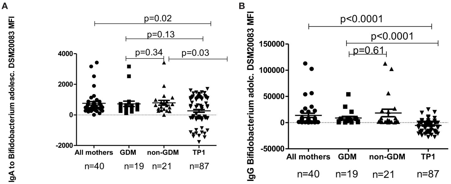 Graphs A and B show dot plots comparing IgA and IgG binding to a specific antigen among groups labeled “All mothers,” “GDM,” “non-GDM,” and “TP1.” P-values indicate statistical differences between groups, such as p=0.02 and p<0.0001, with sample sizes below each group.