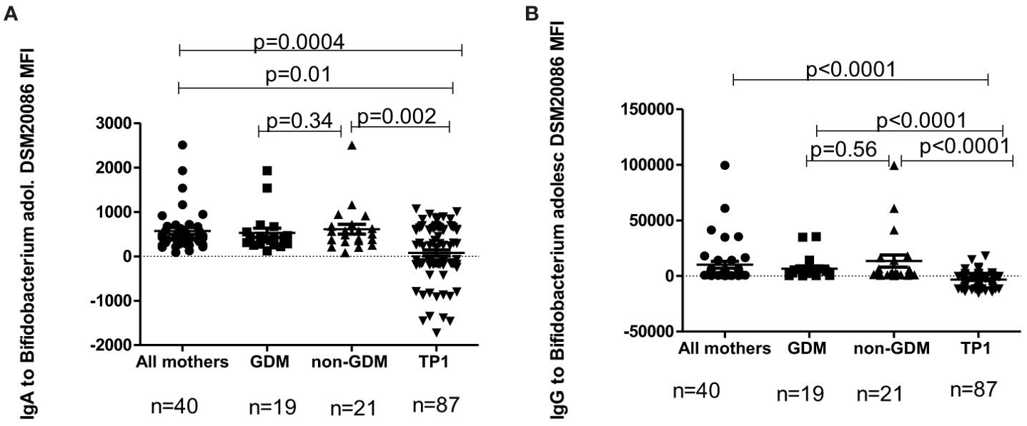 Two scatter plots compare IgA and IgG levels to Bifidobacterium adolescentis in different groups: All mothers, GDM, non-GDM, and TPI. Plot A shows IgA levels with p-values indicating significance between groups. Plot B shows IgG levels with similar notations. Sample sizes (n) are provided below each group.