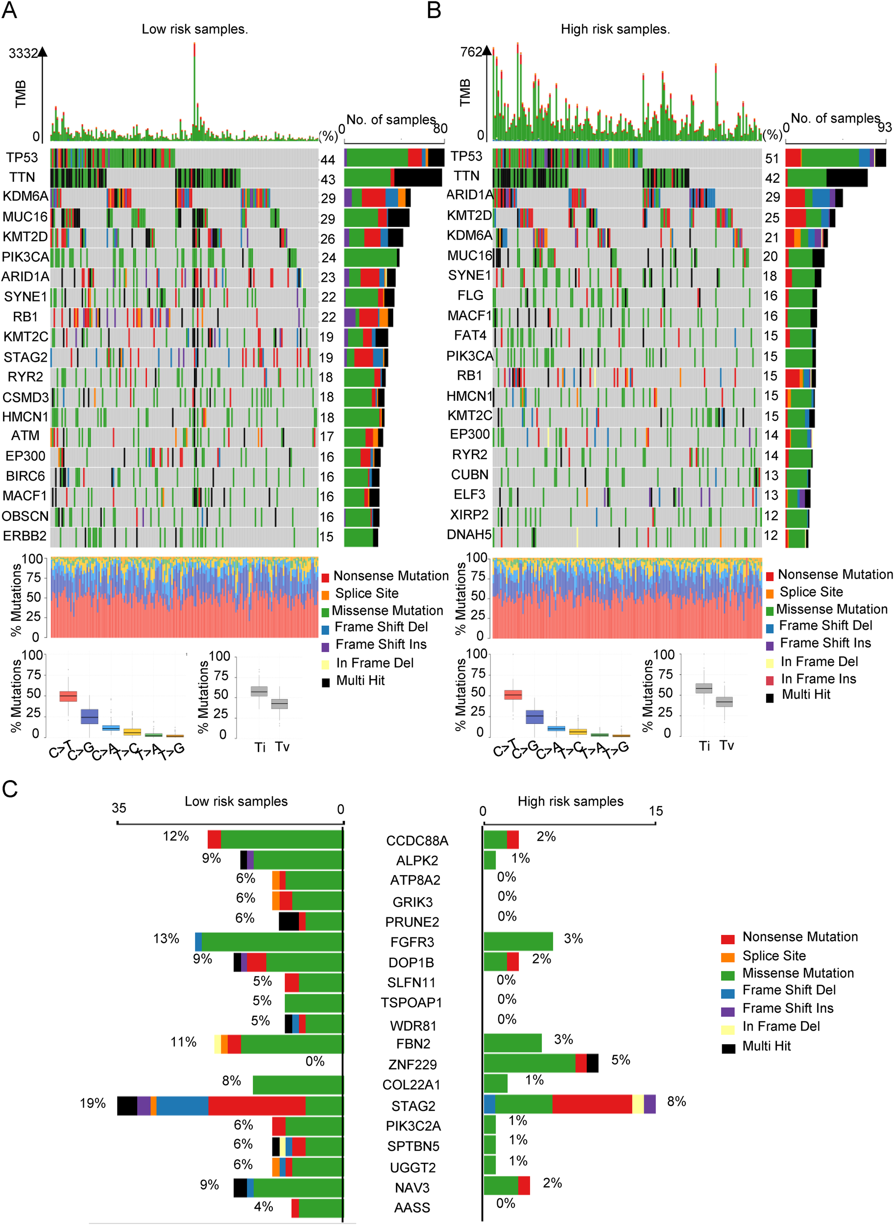 Genomic alteration heatmaps for low and high-risk samples. Panels A and B compare mutations in different genes such as TP53 and TTN, showing variation in tumor mutation burden (TMB) and types like nonsense and missense mutations. Panel C highlights specific gene alterations with percentage bars, dividing samples into low and high risk, and indicating mutation types using a color-coded legend.