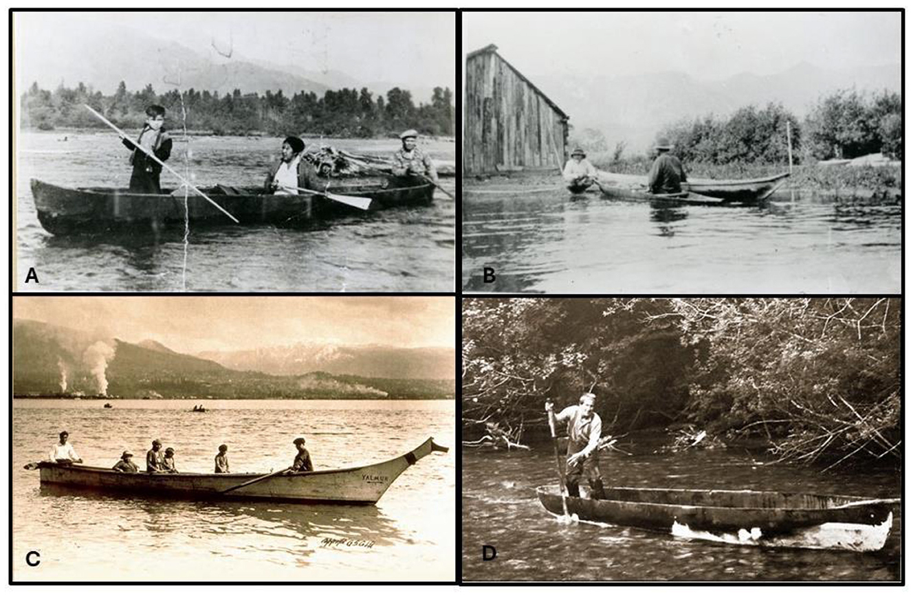 Four black-and-white historical photographs of different boats and settings. Image A shows three individuals in a canoe on a lake. Image B features two people in a small boat on calm water, near a shed. Image C depicts a larger boat with six people, near a shoreline with smoky hills in the background. Image D shows a person standing and paddling in a narrow boat on a river surrounded by trees.