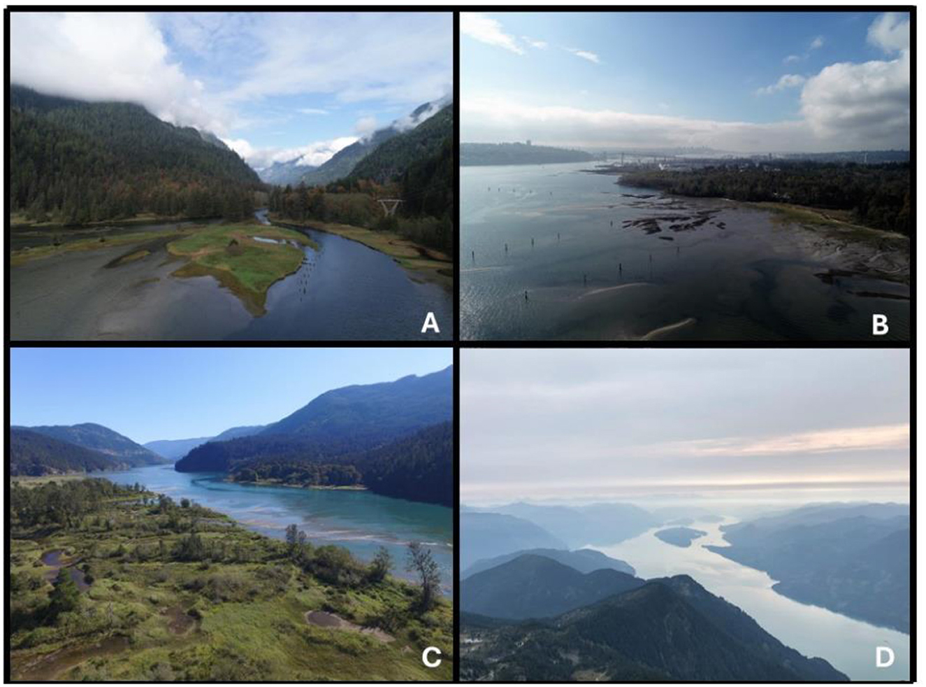 A four-panel collage labeled A–D, showing different landscapes. Panel A depicts a winding river in a mountainous area under a cloudy sky. Panel B shows an aerial view of a coastal wetland with a city in the distance. Panel C features a scenic view of a lake surrounded by mountains. Panel D presents a river snaking through a valley under an overcast sky.
