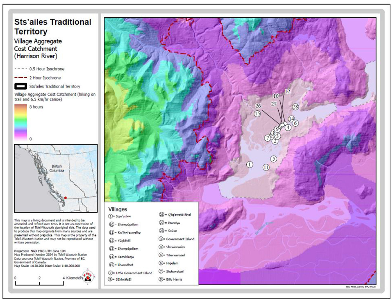 Map of Sts'ailes Traditional Territory showing village aggregate cost catchment around the Harrison River. Isochrones indicate travel times of half an hour and two hours. The color gradient represents travel cost, ranging from zero to eight hours. A village list with corresponding numbers is included. An inset shows the location in British Columbia.