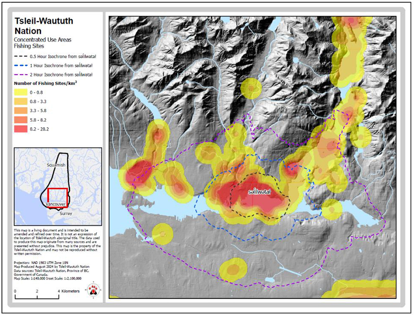 Map illustrating the Tsleil-Waututh Nation's concentrated fishing areas. Color gradients from yellow to red indicate increasing fishing site density per square kilometer. Dashed lines represent half-hour and one-hour isochrones from s e Äşilw e t, marked by blue and purple, respectively. Bordered inset map shows broader location context around Vancouver.