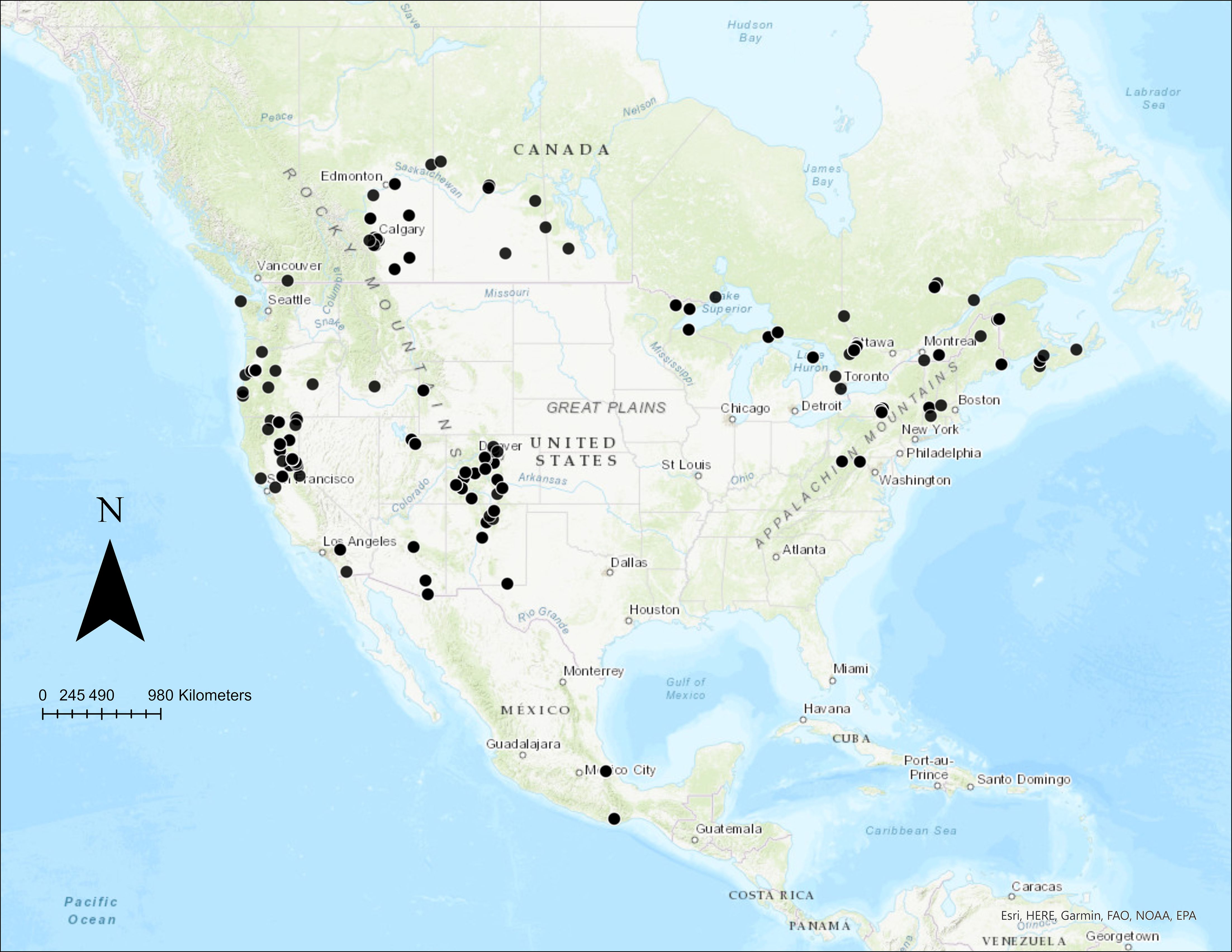 Map of North America marking key locations with black dots. The dots are concentrated in the western United States, near the Rocky Mountains, the Pacific coast, and several in the northeastern United States and eastern Canada. A scale bar and north arrow are included.