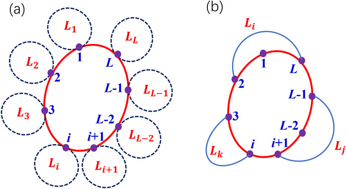 Diagram illustrating two network configurations. (a) Shows a circular network of nodes labeled 1 to \( L \) on a red path, with dashed circles labeled \( L_1 \) to \( L_L \) connected to nodes. (b) Displays a similar circular network with additional blue arcs connecting nodes, labeled \( L_i \), \( L_j \), and \( L_k \). Purple dots represent node intersections.