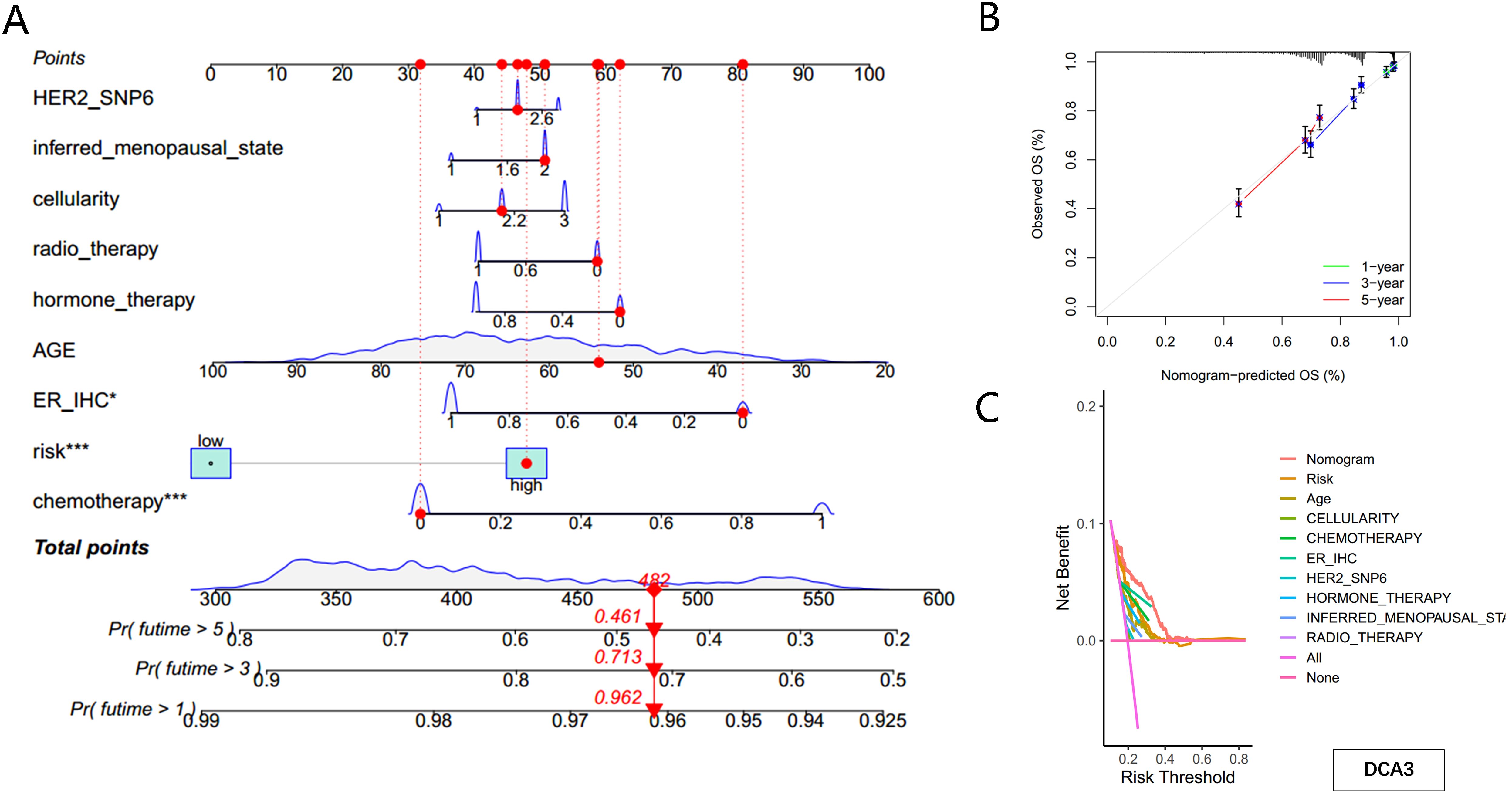 Diagram labeled A displays a nomogram for predicting an outcome based on factors like HER2_SNP6, menopausal state, cellularity, therapies, age, and hormone therapy, with probability scales. Panel B shows a calibration plot comparing observed versus predicted survival over one to five years, indicated by lines. Panel C features a decision curve analysis graph, illustrating the net benefit of different predictors across various risk thresholds, with lines in different colors for each factor.