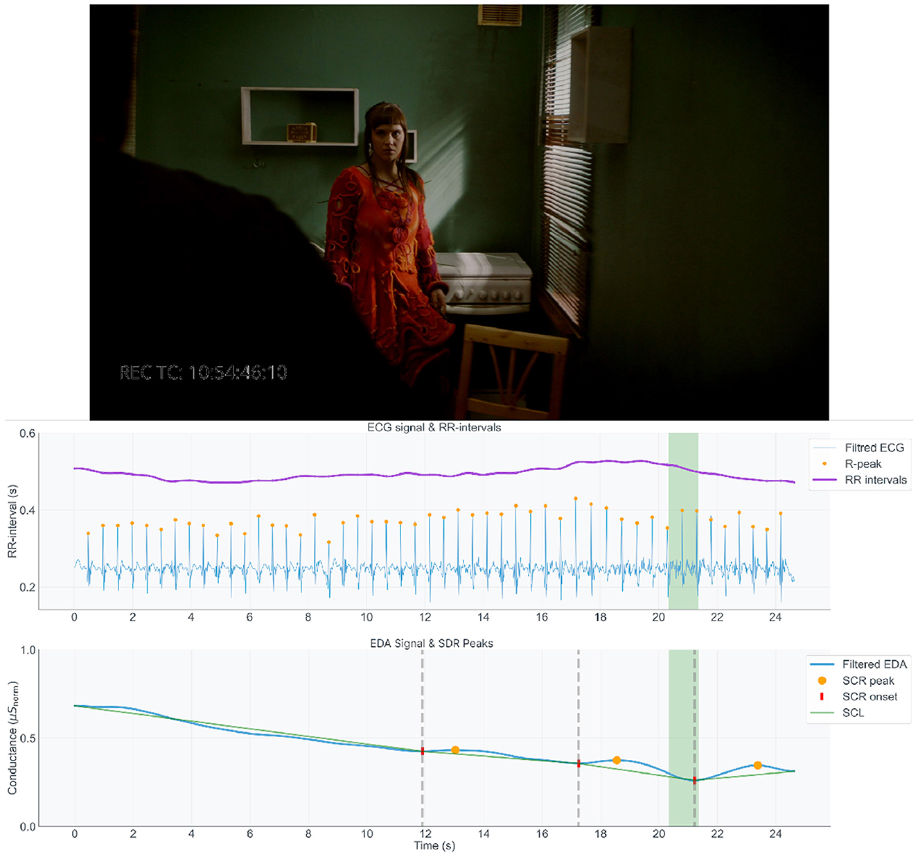 A woman in an orange dress stands in a dimly lit room next to a window with blinds, facing a figure in the foreground. Below, two line graphs depict physiological data. The top graph shows ECG signals with RR intervals over time, featuring a purple line for filtered ECG, orange dots for R-peaks, and blue lines for intervals. The bottom graph displays EDA signals and peaks over time with blue and red lines, indicating SCR peaks and onsets in relation to conductance.