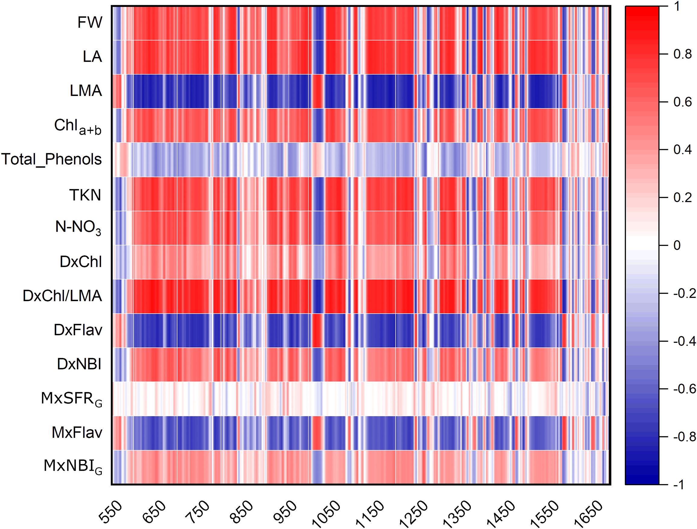 Heatmap showing various plant attributes along the y-axis, including FW, LA, LMA, Chl a+b, Total Phenols, and others. The x-axis ranges from 550 to 1650. Colors range from red (1) to blue (-1), indicating different intensity levels. A color gradient scale is shown on the right.
