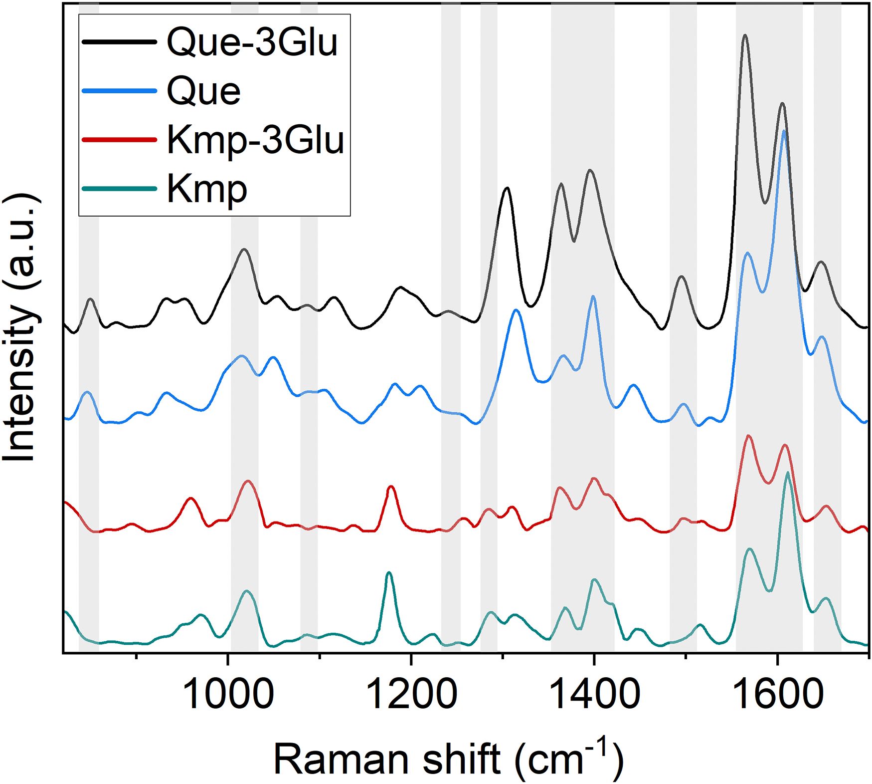 Raman spectroscopy graph showing intensity (arbitrary units) against Raman shift (centimeters inverse). Four spectra are depicted: Que-3Glu in black, Que in blue, Kmp-3Glu in red, and Kmp in green. Peaks vary in height, with the most prominent around 1600 cm⁻¹. Gray bands highlight specific shift regions.