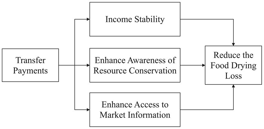Arrows lead from “Transfer Payments” to three boxes: “Income Stability,”“Enhance Awareness of Resource Conservation,” and “Enhance Access to Market Information.” Another arrow connects the three boxes to “Reduce the Food Drying Loss. the picture are showed in Appendix 1.