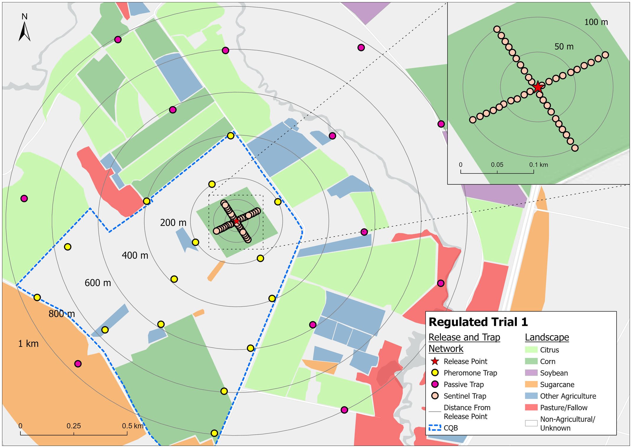 Map depicting a regulated trial area with various landscape types and a release and trap network. Symbols represent release points, pheromone traps, passive traps, and sentinel traps. Concentric circles indicate distances from the release point. Different colors denote land use, including citrus, corn, soybean, and sugarcane. A blue dashed line marks the CQB boundary. An inset shows a detailed view of the central release point and traps within a 100-meter range.