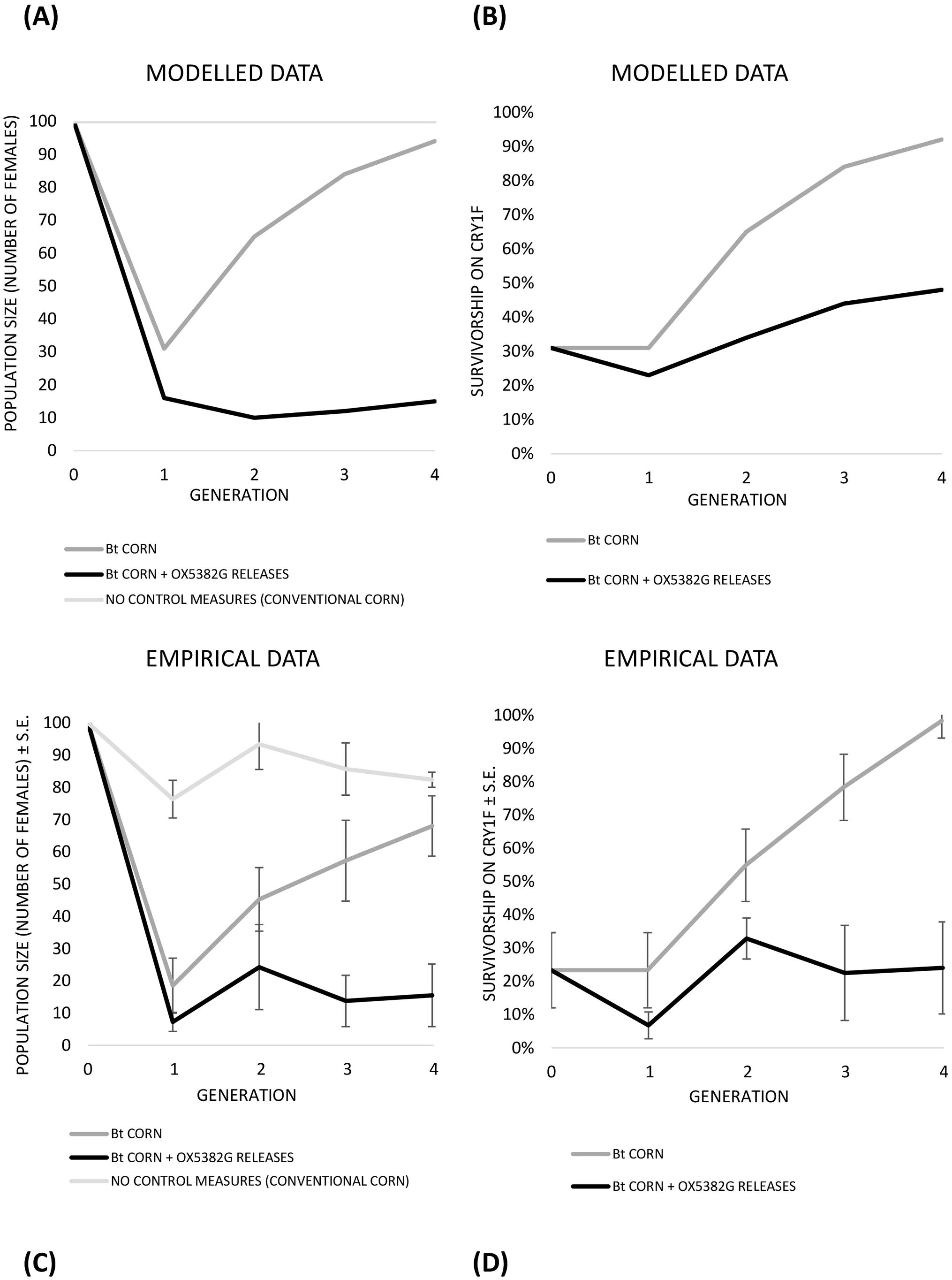 Graphs A and B show modeled data, while C and D display empirical data. Graphs A and C depict population size over generations, with data lines for Bt corn alone, Bt corn with OX5382G releases, and no control measures. Graphs B and D illustrate survivorship on Cry1F over generations for Bt corn and Bt corn with OX5382G releases. Empirical data includes standard error bars.