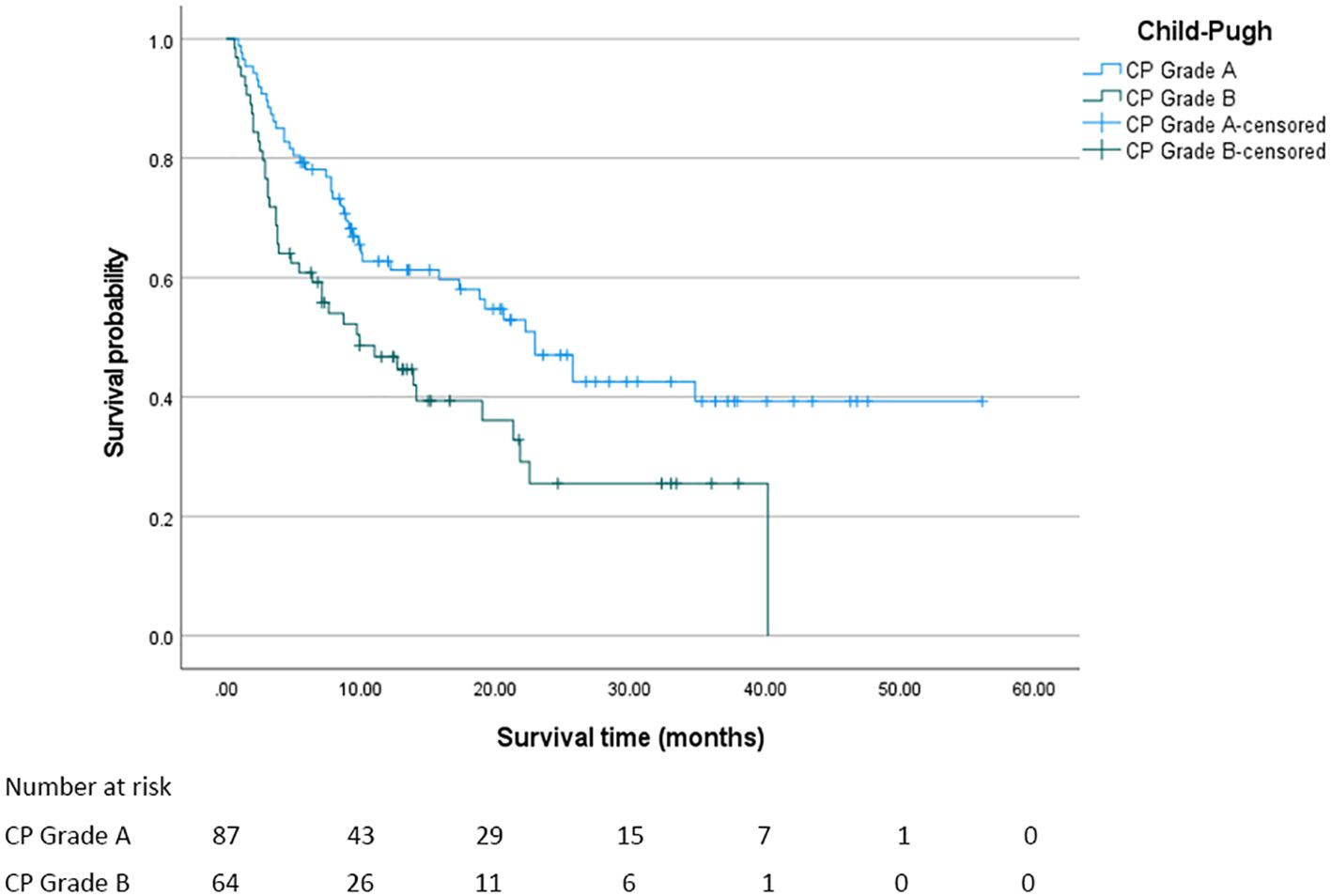 Kaplan-Meier survival curve showing survival probability over time for Child-Pugh Grades A and B. Grade A (87 starting, blue line) shows higher survival compared to Grade B (64 starting, green line) over 60 months. Grade A consistently outperforms Grade B, with distinct censored data points indicated for both grades.