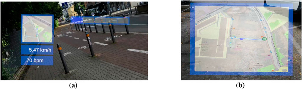 (a) Augmented reality view showing a bike lane with a digital overlay of a map, speed of five point four seven kilometers per hour, and heart rate of seventy beats per minute. (b) A detailed digital map overlay on a sidewalk, highlighting a route with a blue path and various landmarks.