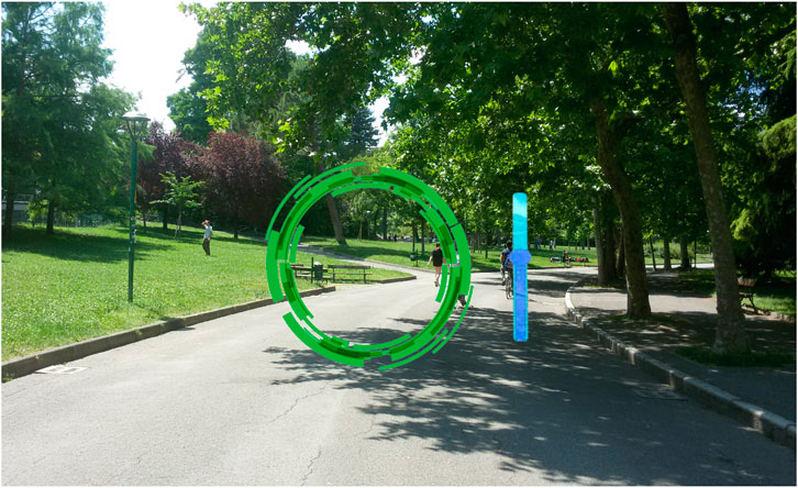 Park pathway surrounded by green trees and grass, with people walking and cycling. A bright green circular graphic and a vertical blue line overlay the scene, creating a digital or augmented reality effect.