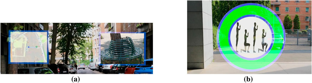 (a) Urban street with parked cars and overlayed blue rectangles showing a map and a close-up of a circular bench around a tree. (b) Transparent overlapping green and blue circles display silhouettes of four people kneeling in different positions against an architectural backdrop.