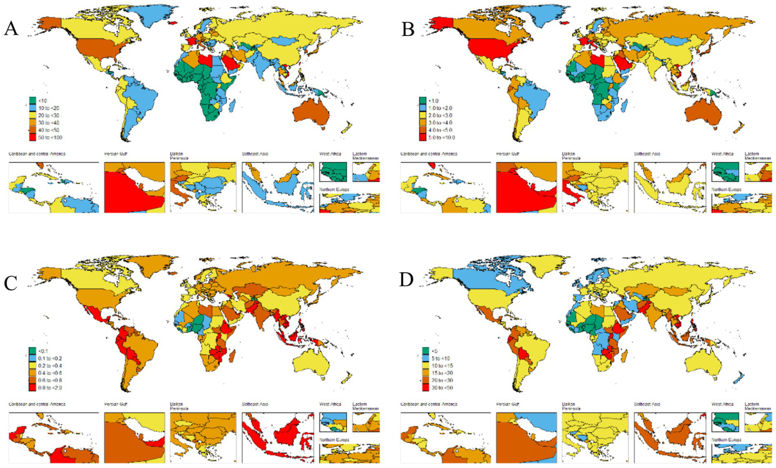 Four world maps labeled A, B, C, and D, displaying color-coded data regions with legends indicating various ranges. Each map includes enlarged insets of specific geographic areas: Caribbean and Central America, Persian Gulf, Balkan Peninsula, Southeast Asia, West Africa, Eastern Mediterranean, and Northern Europe. The maps use different color scales to represent data variations, offering a comparative analysis across regions.