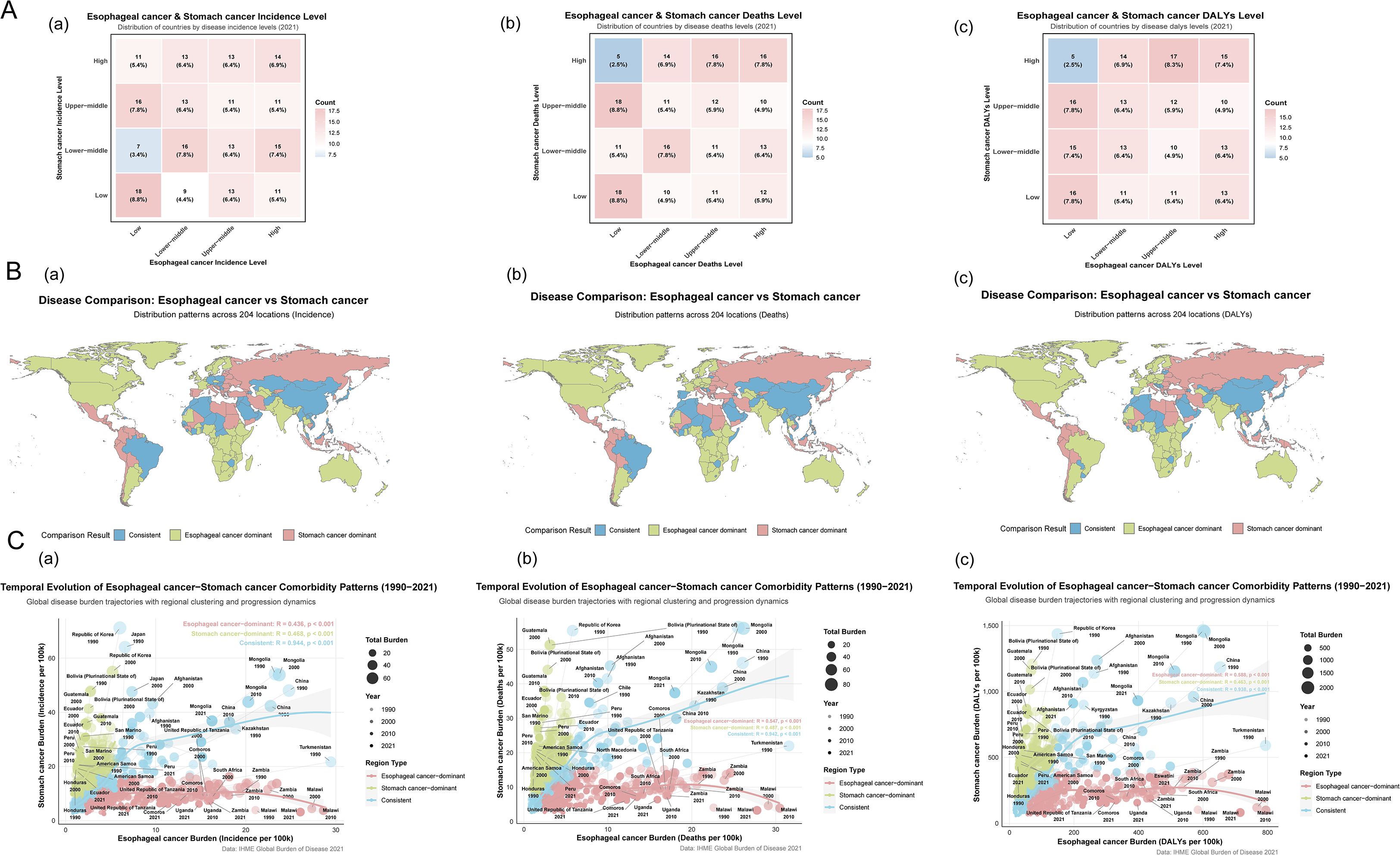 Panel A shows three heatmap charts depicting the distribution of countries by esophageal and stomach cancer levels in incidence, deaths, and DALYs for 2021. Panel B includes world maps illustrating country-level dominance of esophageal versus stomach cancer in terms of incidence, deaths, and DALYs. Panel C offers scatter plots of temporal evolution from 1990 to 2021, showing esophageal and stomach cancer comorbidity patterns across countries by incidence, deaths, and DALYs. The charts compare the burden of the two cancers, distinguished by color codes for consistent, esophageal-dominant, and stomach-dominant regions.