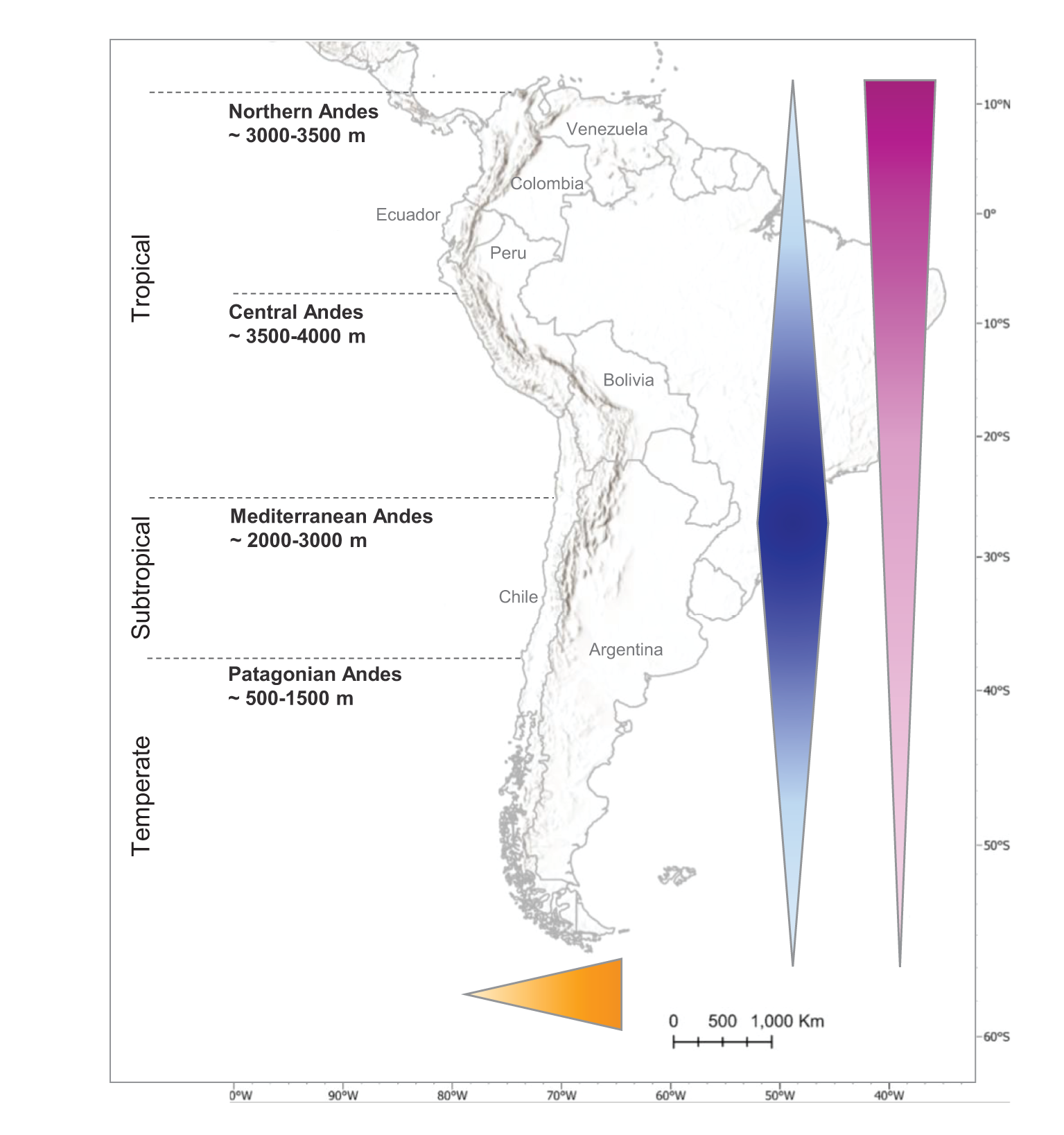 Map of South America showing the Andes Mountains, divided into four regions: Northern Andes (3000-3500 m), Central Andes (3500-4000 m), Mediterranean Andes (2000-3000 m), and Patagonian Andes (500-1500 m). Vertical gradient bars on the right depict varying altitudes and climate zones from tropical to temperate. An orange scale triangle indicates distances.