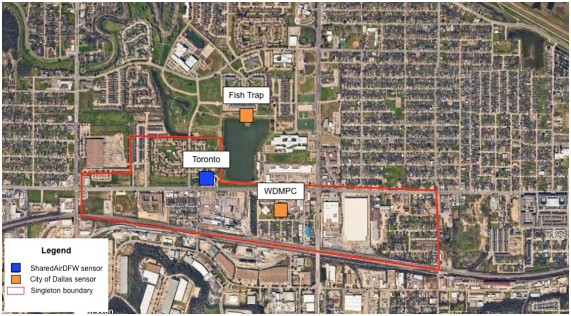 Aerial map showing a section of a city with a highlighted Singleton boundary in red. Two sensors are marked: a blue