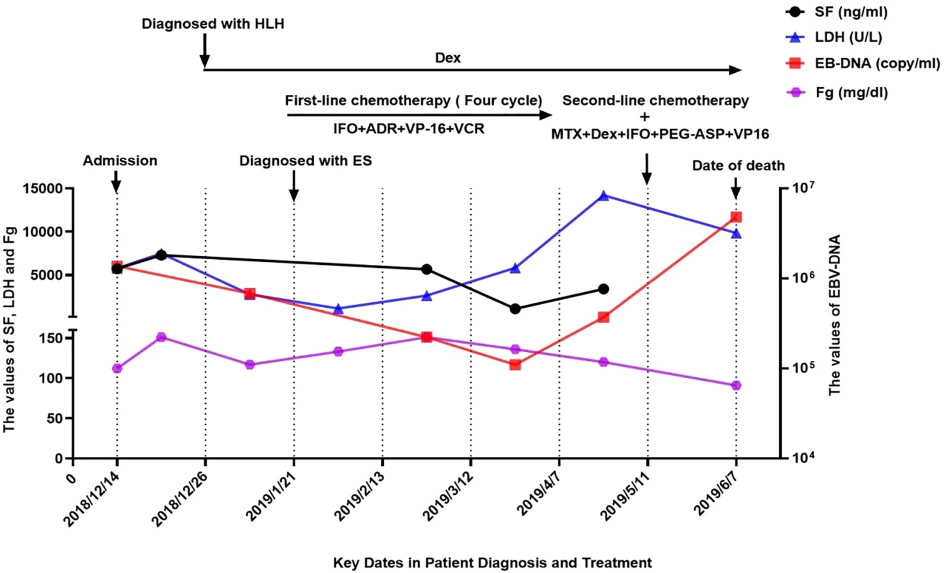 Graph showing the changes in SF (ng/ml), LDH (U/L), EBV-DNA (copy/ml), and Fg (mg/dl) over time during patient diagnosis and treatment. Key dates such as admission, diagnosis with HLH and ES, and the date of death are marked. Chemotherapy phases and treatments, including Dex, are annotated. SF, LDH, and Fg values decrease initially, while EBV-DNA increases significantly towards the end.