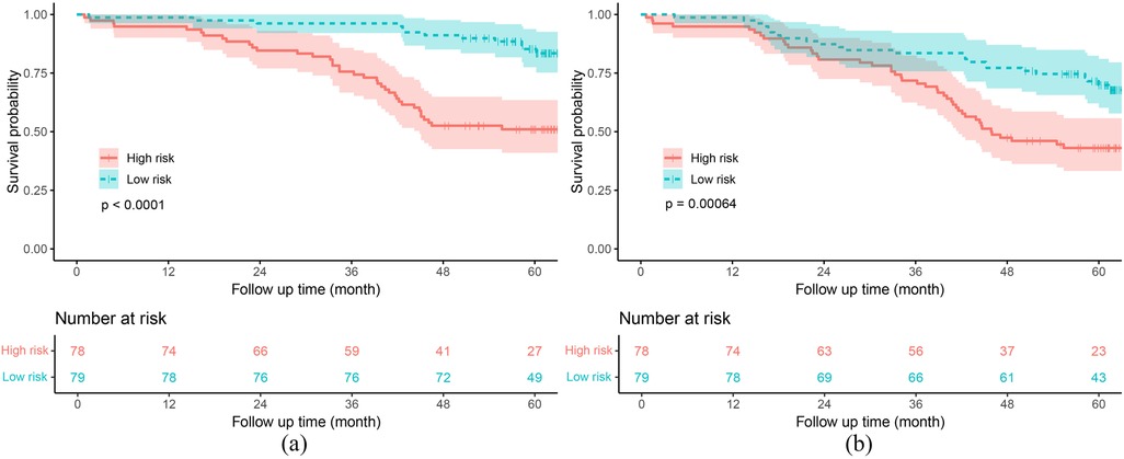 Two Kaplan-Meier survival plots compare high-risk and low-risk groups over a 60-month follow-up. Graph (a) shows a significant survival difference (p < 0.0001), with high risk in red and low risk in blue. Graph (b) indicates a similar trend with p = 0.00064. Below each graph, the number at risk is listed at various time points.