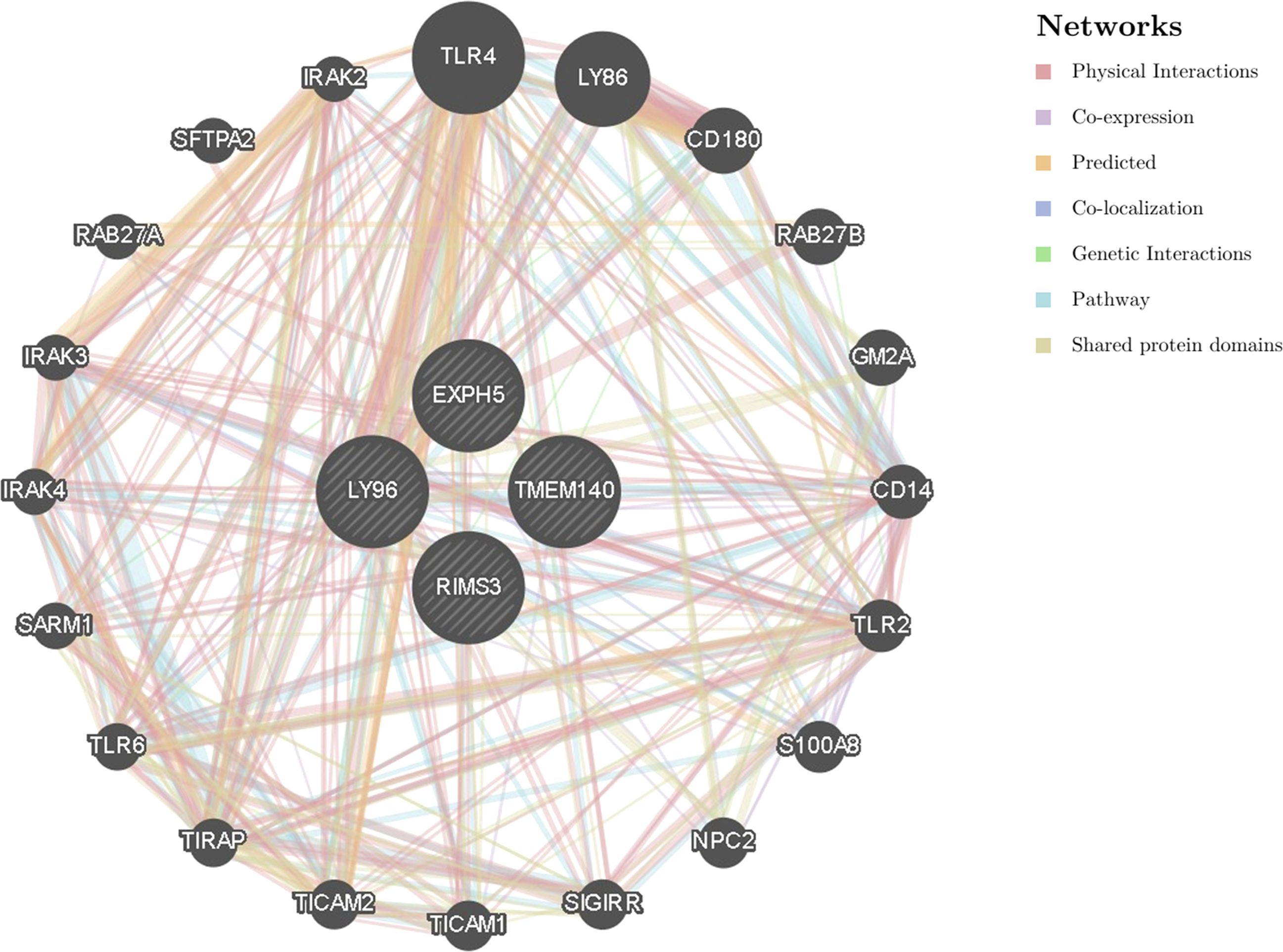 Network diagram illustrating interactions among various nodes, labeled with protein names such as TLR4, LY96, and CD180. Different colored lines represent various network types like physical interactions, co-expression, and genetic interactions. A legend explains the color coding.