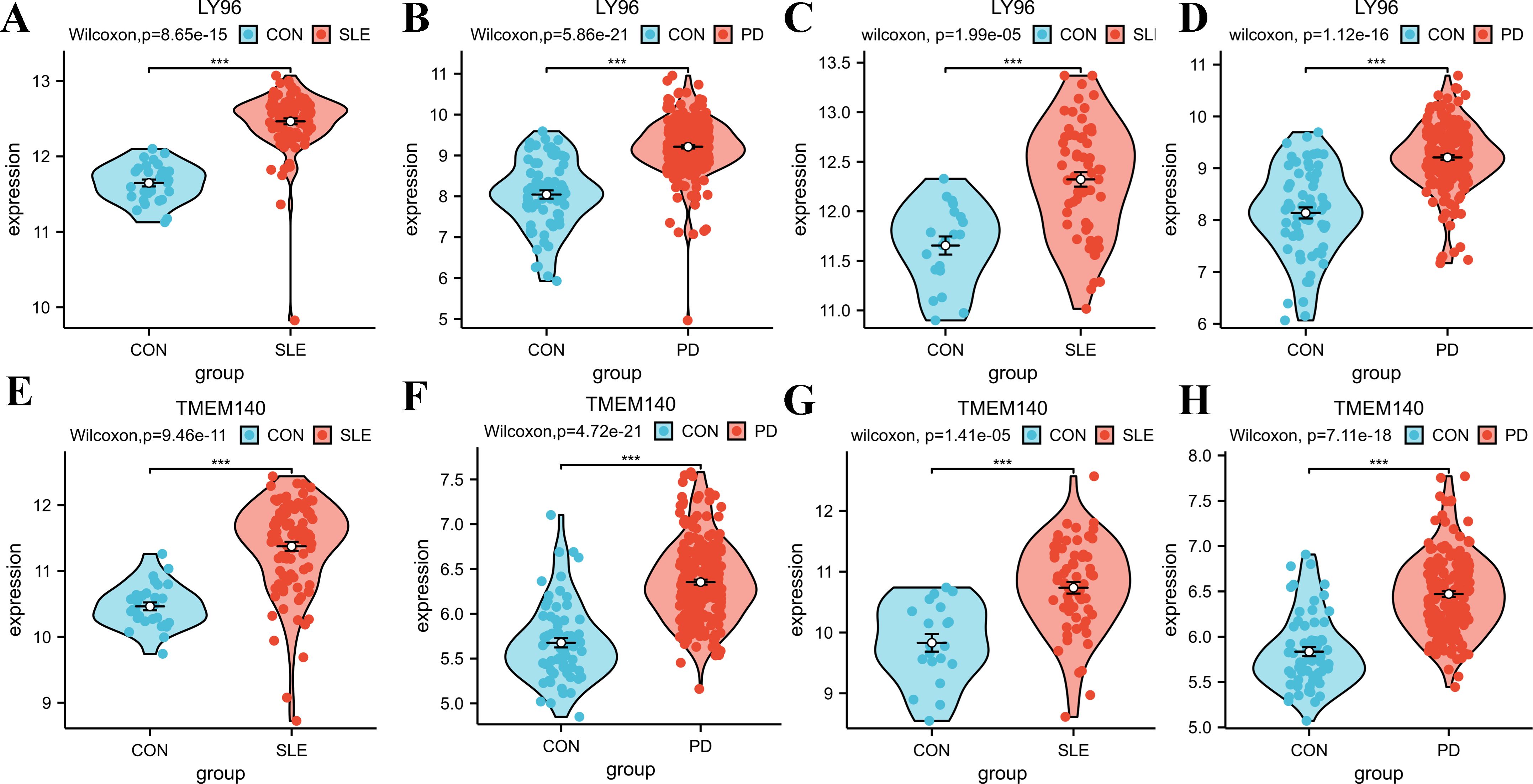 Violin plots labeled A to H display expression levels of LYN96 and TMEM140 genes across CON, SLE, and PD groups. Each plot shows a statistically significant difference between groups, with p-values noted. CON is blue, SLE and PD are red.