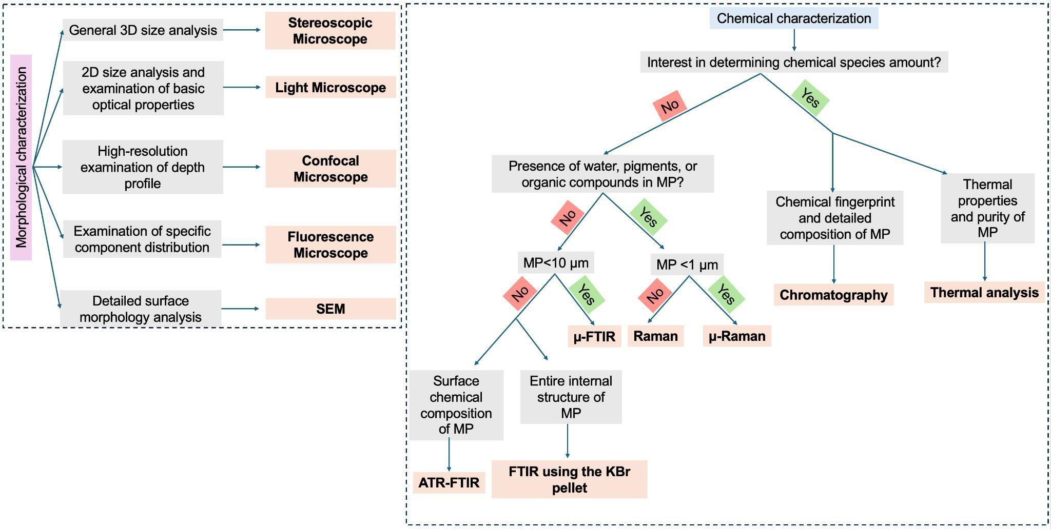 Flowchart detailing morphological and chemical characterization methods for microplastics (MP). Morphological methods include stereoscopic, light, confocal, fluorescence microscopes, and SEM, focusing on size analysis, depth profiling, distribution, and surface morphology. Chemical characterization addresses chemical species, water, pigments, organic compounds, particle size, and uses techniques like μ-FTIR, Raman, ATR-FTIR, FTIR with KBr pellet, chromatography, and thermal analysis. Paths delineate choices based on specific analysis needs, such as interest in determining chemical species and presence of certain compounds.