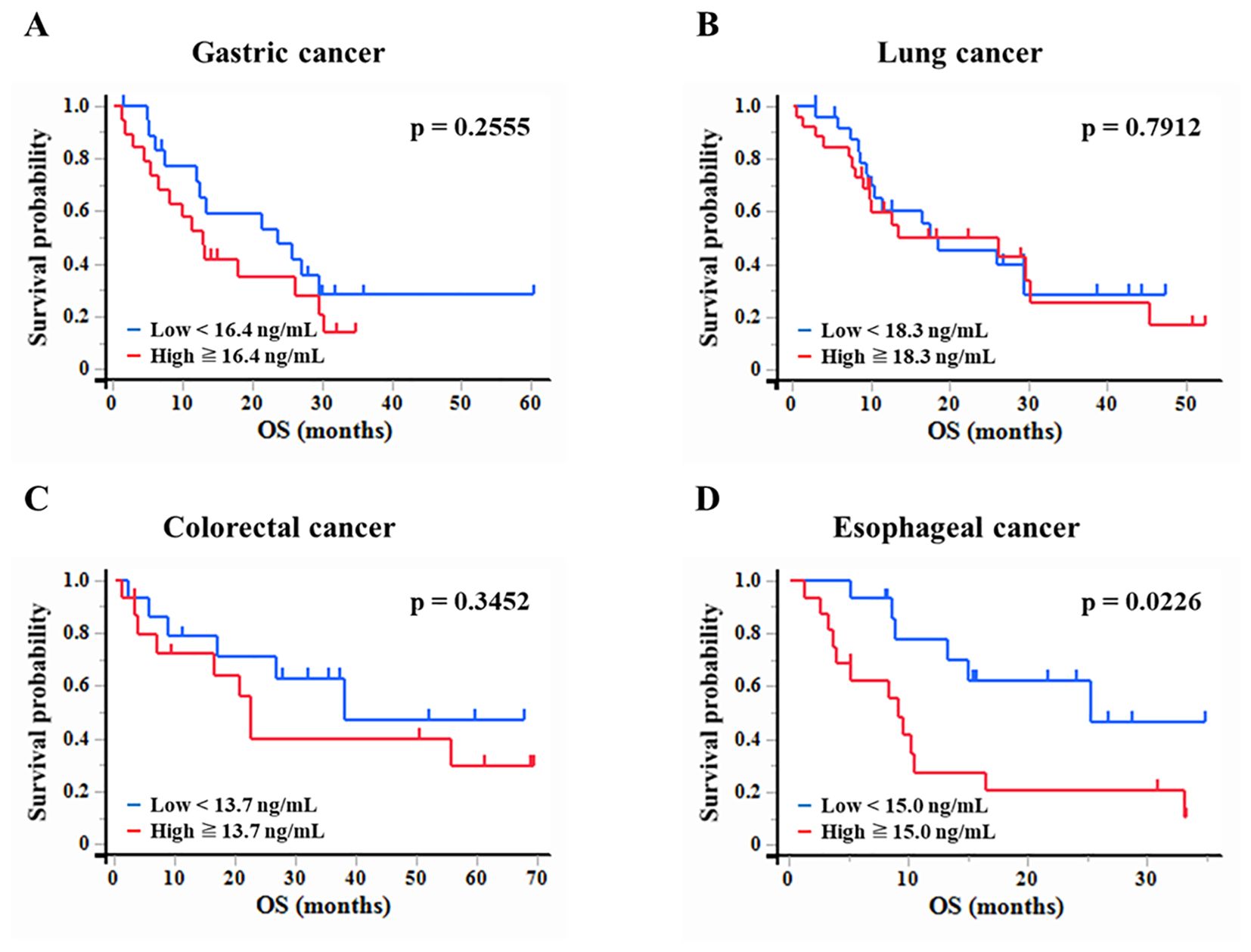 Kaplan-Meier survival curves for four cancers. (A) Gastric cancer: p = 0.2555; blue line for low levels, red for high. (B) Lung cancer: p = 0.7912; blue for low, red for high. (C) Colorectal cancer: p = 0.3452; blue for low, red for high. (D) Esophageal cancer: p = 0.0226; blue for low, red for high. Survival probability decreases over time.