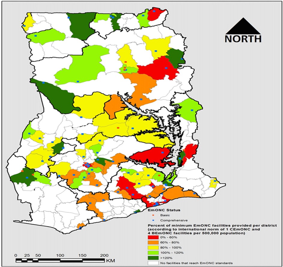 Map of Ghana showing the distribution of Emergency Obstetric and Newborn Care (EmONC) facilities per district. Areas are color-coded from red to dark green, indicating percentages of facilities against international norms. Red for 0%-60%, yellow for 60%-80%, light green for 80%-100%, bright green for 100%-120%, and dark green for over 120%. Blue and orange squares show basic and comprehensive facilities respectively. A legend explains the color coding and facility types.