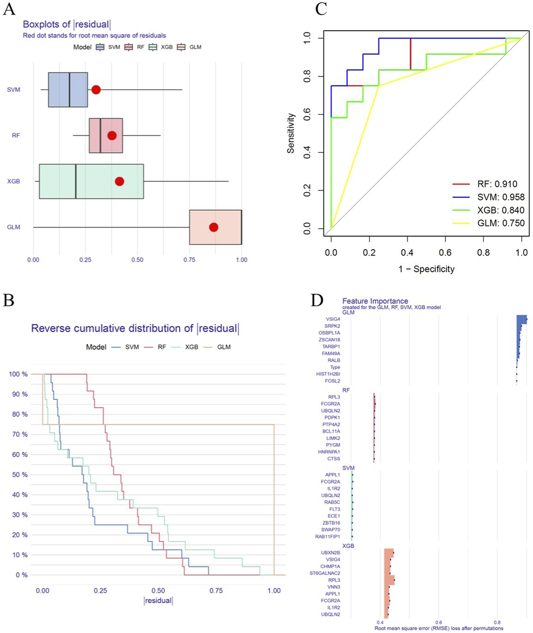 Four-panel data visualization comparing machine learning models.A: Boxplots display residuals for SVM, RF, XGB, and GLM models, with red dots indicating root mean square of residuals.B: Reverse cumulative distribution graph shows residuals for the same models.C: ROC curves illustrate model performance with AUC scores: RF 0.910, SVM 0.958, XGB 0.840, GLM 0.750.D: Bar chart of feature importance for GLM, RF, SVM, and XGB models, indicating root mean square error loss after permutations.