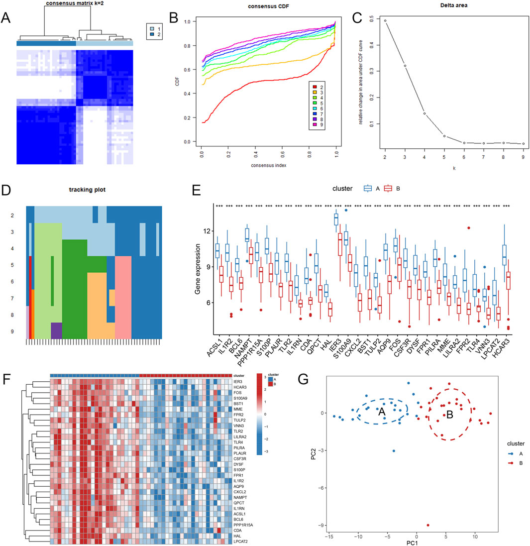 Cluster analysis visualization including: a heatmap of the consensus matrix (A), a consensus cumulative distribution function plot (B), a delta area plot (C), a clustering tracking plot (D), a gene expression box plot comparing clusters A and B (E), a heatmap of gene expression data by cluster (F), and a principal component analysis plot showing cluster separation (G).