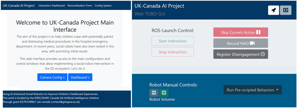 Interface for the UK-Canada AI Project aimed at aiding children in hospital emergency departments. Offers configuration and control of social robots, including start/stop interactions and recording features.
